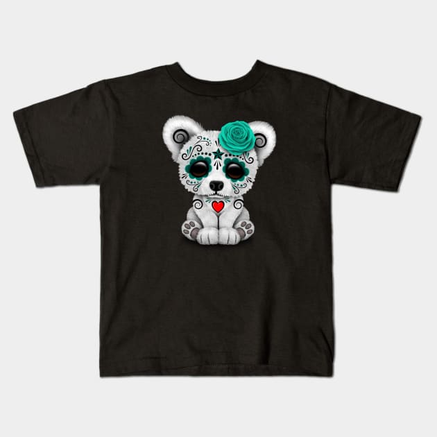 Teal Blue Day of the Dead Sugar Skull Polar Bear Kids T-Shirt by jeffbartels